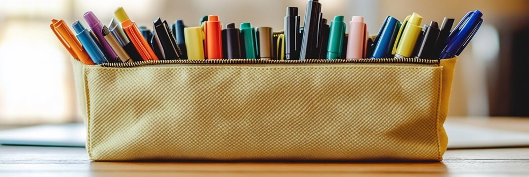 Creative tools organized Colorful pens and markers in stylish canvas holder inspiration and art