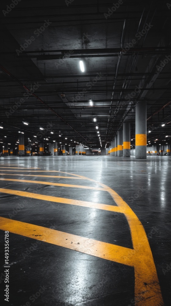 Poster low angle view of empty parking garage with yellow lines and concrete columns and ceiling lights in 