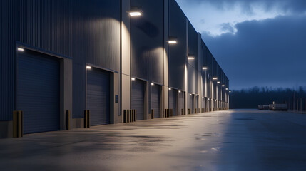 Night view of warehouse with illuminated loading bay doors and wet pavement under cloudy sky, creating calm and quiet industrial atmosphere
