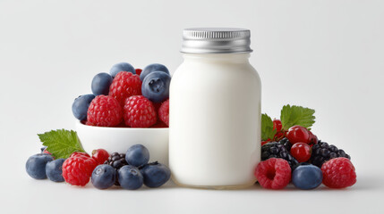 Blank probiotic bottle beside yogurt cup and berries, isolated on white.
