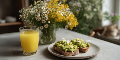 Bright and airy brunch with avocado toast and fresh juice setting