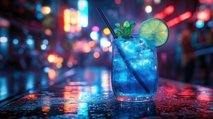 Vibrant blue cocktail, lime, mint, illuminated city