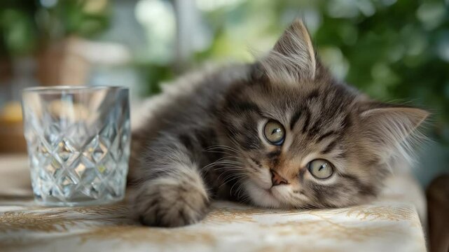 Adorable kitten mischievously knocks a glass off the table, capturing playful feline antics.