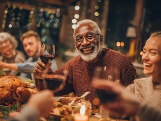Smiling African American Senior Man Toasting Wine at Holiday Dinner with Family in Warm Home Interior