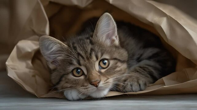 Adorable kittens frolic and tumble in a paper bag, showcasing their playful antics and charming mishaps.
