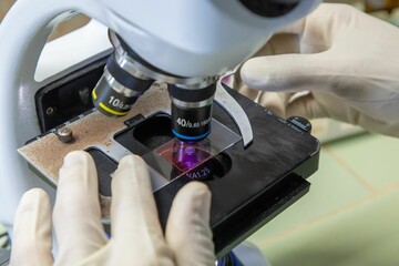 Scientist using a microscope in a laboratory.