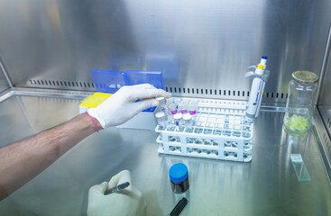 Scientist handling test tubes in a lab.