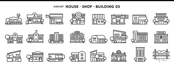 家、飲食店、学校、百貨店などシンプルデザインのアイコン素材セット