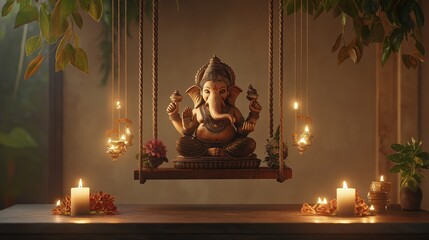 Ganesha idol on swing with candles