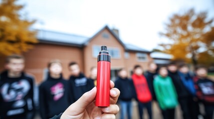 Naklejka premium Hand clutching bright vape pen outside school, electronic cigarette symbolizing peer pressure, electronic cigarette normalizing risky habits, electronic cigarette influencing young trends