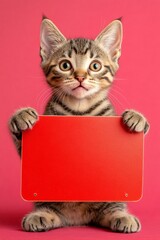 Isolated feline infant cub on a solid suit pink background. Ð¡ute cat toyger hold in front paws a template - large red alley sign. Cat holding sign. Blank board furry pose. Cat sign background.