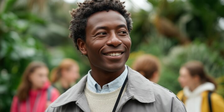Teacher leading engaged students on an educational field trip to a botanical garden