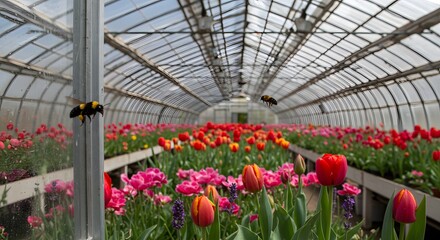 Bee Flying in Greenhouse with Tulip Flowers