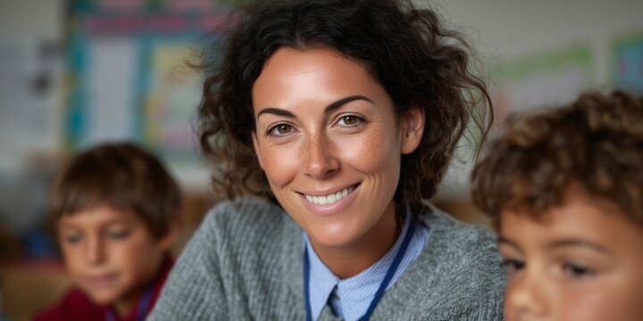 Inclusive education: teacher assisting children with special needs in a classroom setting