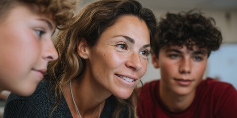 Engaging teacher assisting students in classroom presentation collaboration