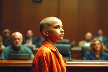 Boy in orange uniform stands in courtroom, boy represents juvenile justice, courtroom setting reflects consequences of crime at young age.