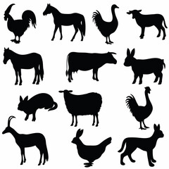 Obraz premium A black vector silhouette set of farm animals like horse, cow, pig, goat, and sheep, plus wild animals including lion, elephant, giraffe, deer, and bird, illustrating nature