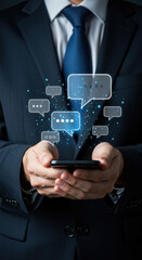  Business Messaging: Man in Suit Using Phone with Chat Bubble Overlay for Mobile Communication & Digital Networking