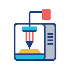 Colorful flat icon illustration of a modern 3d printing machine used in manufacturing