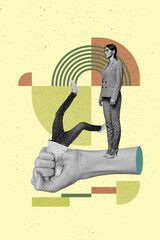 Image pop collage of businessperson stand hand hold human body on yellow background