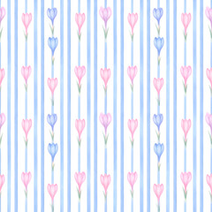 Floral Symphony of Stripes: A whimsical and delightful pattern showcasing an array of watercolor flowers, arranged between elegant blue and white stripes, conjuring a serene and cheerful ambiance.