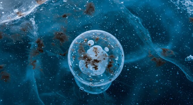 A frozen methane bubble with organic material trapped inside in clear blue ice mass