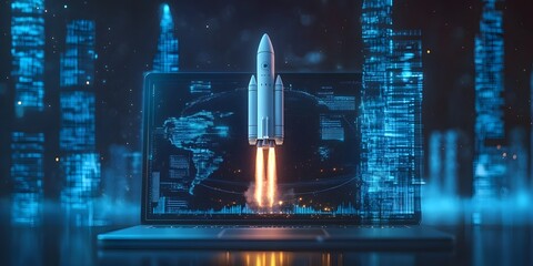 Futuristic laptop displays rocket launch over a city.