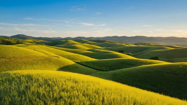 bright green farmland fields stretching to the horizon with smooth hill shapes and sunlight, calm peaceful countryside landscape perfect for travel or background videos
