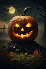 A scary orange jack-o'-lantern with a spooky face glows in the dark autumn night, surrounded by black bats for a Halloween celebration
