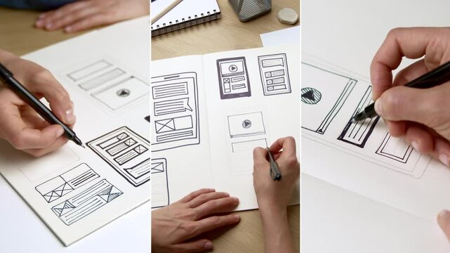 Collage of sketches of mobile phone application development. Website creation. Designer draws smartphone interface. User experience.