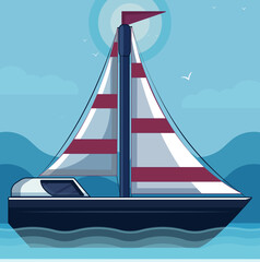 Vector image of a small sailing vessel; simple illustration, flat style. Yacht on the waves, open water, travel. 

