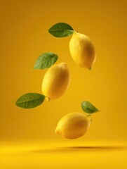Three lemons floating on yellow background studio shot vibrant citrus fruit healthy food concept