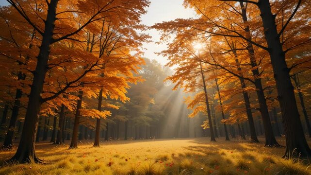 golden autumn forest glowing in soft morning sunlight with orange trees and peaceful path, a calm seasonal nature video for background, travel, or meditation use
