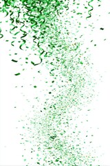 Fototapeta premium Festive Green Confetti and Streamers Falling Down on White Background Studio Shot Celebration Party