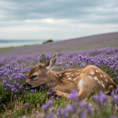 a fawn laying in purple flowers field