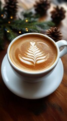 Steaming cup of coffee artfully crafted with intricate latte design, surrounded by pine cones and greenery to evoke a warm, cozy atmosphere in any setting.