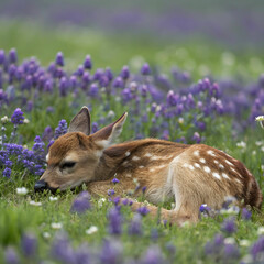 a fawn laying in purple flowers field