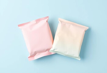 Two pastel-colored folded packages on a soft blue background,  marketing, color