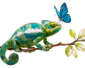 Obraz premium Vibrant Chameleon & Butterfly: A colorful chameleon perched on a branch with a blue butterfly resting on its head.