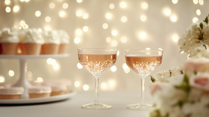 Obraz premium Celebration with rose champagne and cupcakes under twinkling fairy lights at a festive gathering