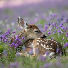 a fawn laying in purple flowers field