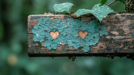 Rustic Wooden Sign with Love Hearts Surrounded by Green Foliage