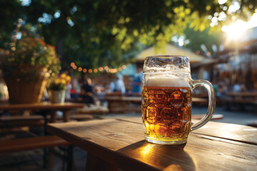 Beer mugs on the wooden with blurred people enjoying beer garden outdoors in the background