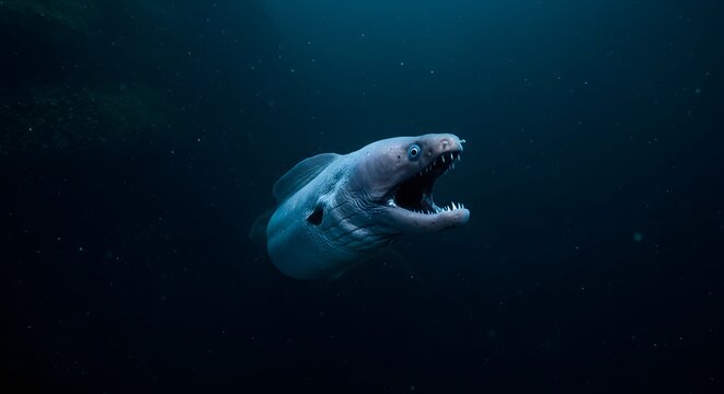 A fangtooth swimming in the dark ocean with mouth open showing its sharp teeth