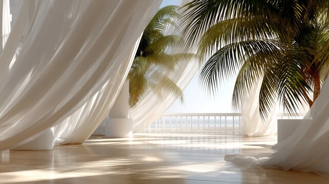 Sunlit patio with flowing white curtains, palm trees, and ocean view