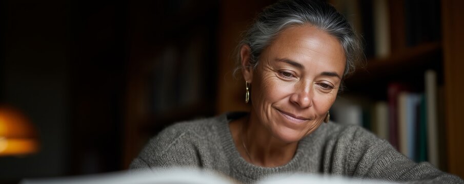 Mature student with gray hair engaged in study in a quiet library setting