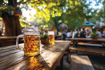Beer mugs on the wooden with blurred people enjoying beer garden outdoors in the background