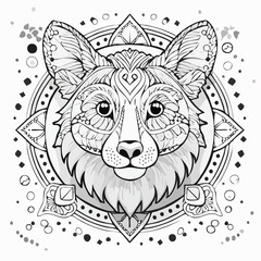 Highly detailed mandala-style vector illustration of a fox head with intricate zentangle patterns, perfect for coloring books and mindfulness art