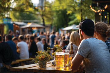 People enjoying refreshing cold beer in outdoors beer garden bar
