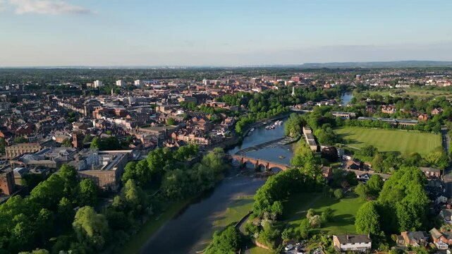 Wide aerial view of Chester city and the River Dee